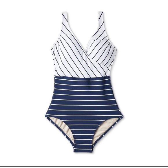 Kona Sol Navy Blue Striped V-Neck Full Coverage One Piece Swimsuit- Size Large - Picture 1 of 2
